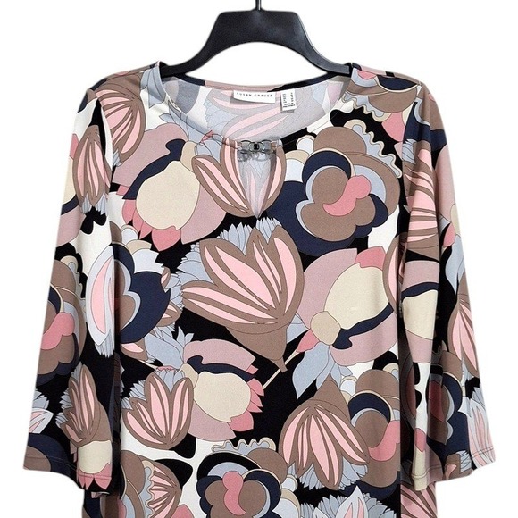 Susan Graver Top Women S Beige Blue Keyhole Neck 3/4 Sleeve Liquid Knit Tunic - Picture 5 of 13